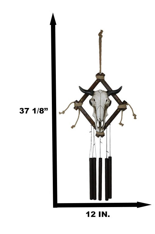 Country Rustic Western Bison Bull Skull On Branchwood Decorative Wind Chime
