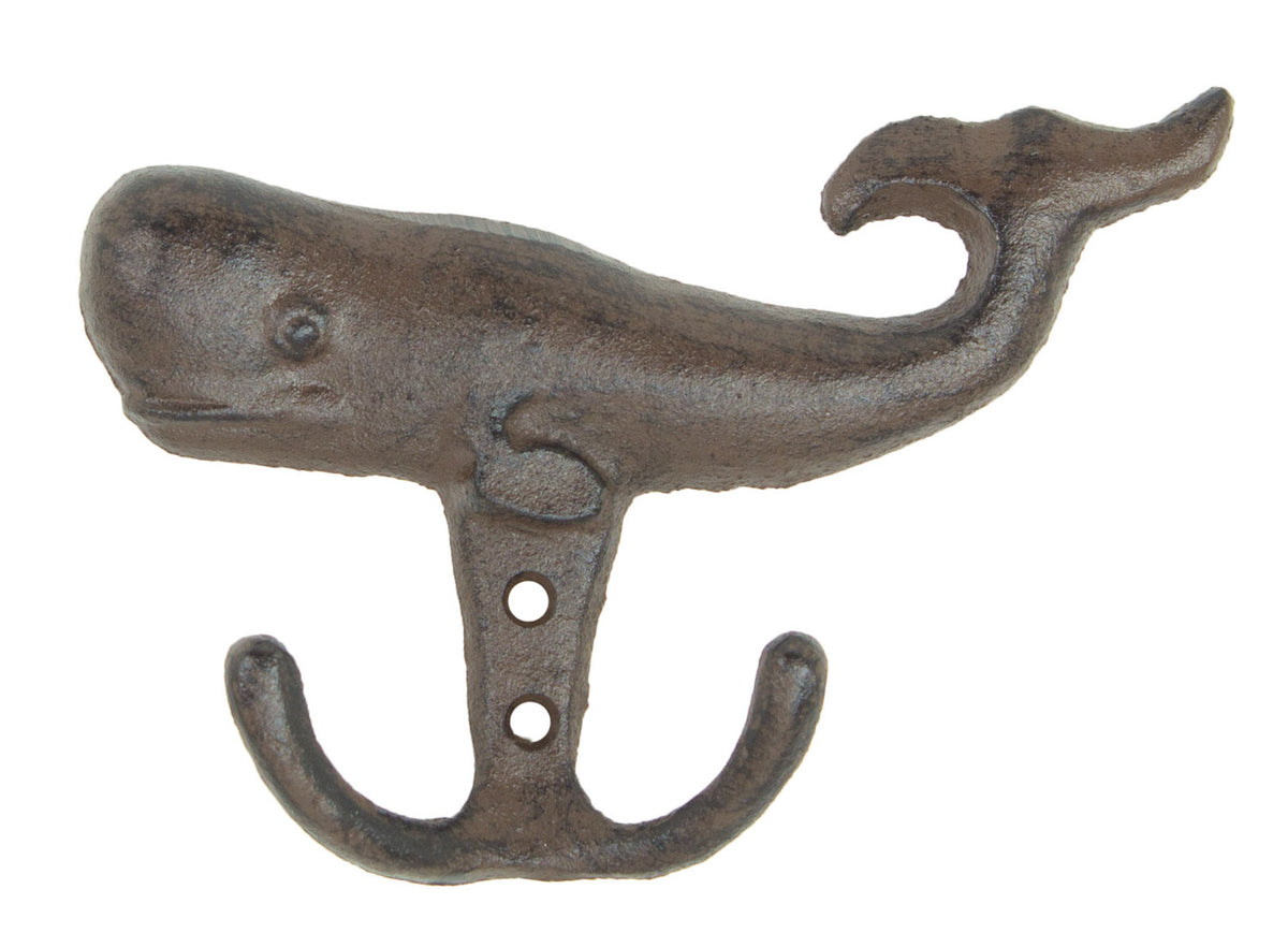 Set Of 4 Cast Iron Rustic Nautical Marine Sea Sperm Whale Double Wall Coat Hooks
