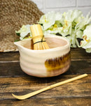 Cream Brown Brushstroke Ceramic Japanese Matcha Green Tea Bowl Whisk & Scoop Set