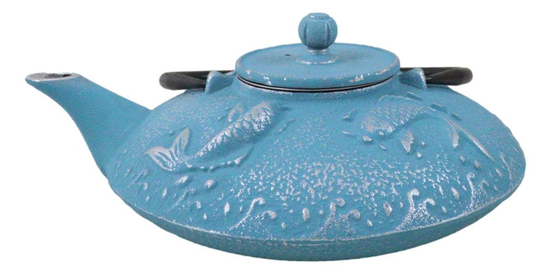 Turquoise Blue Auspicious Koi Fishes Cast Iron Tetsubin Teapot With Enamel Liner