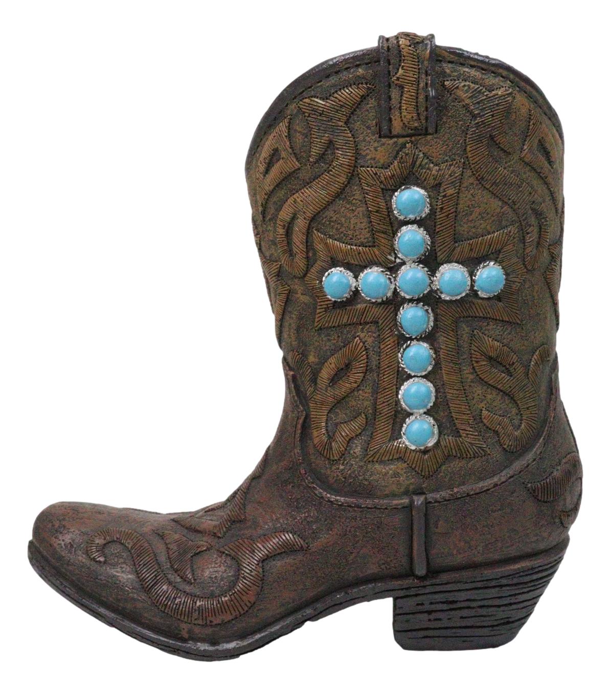Rustic Western Turquoise Rocks Cross Faux Leather Cowgirl Boot Vase Figurine