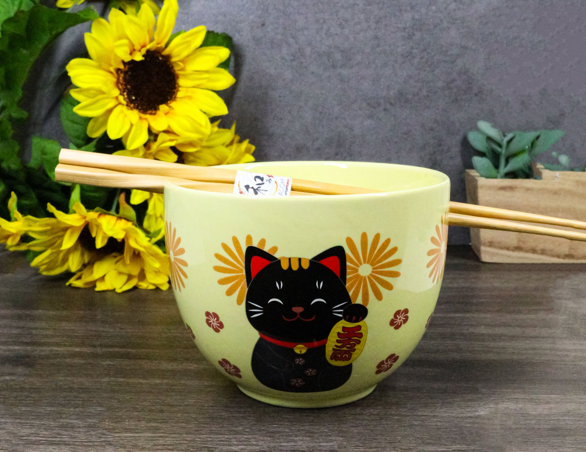 Maneki Neko Lucky Cat Yellow Ceramic Donburi Ramen Soup Bowl With Chopsticks Set