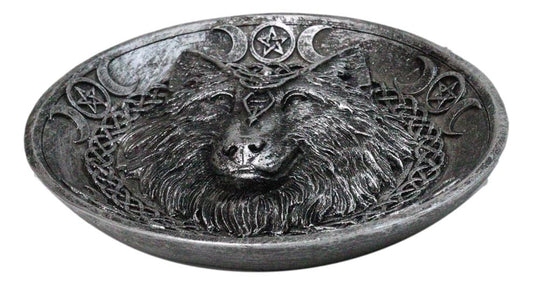 Wolf Incense Burner with Triple Moon & Celtic Knotwork, 5-Inch Round Ash Catcher
