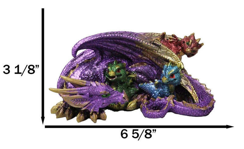 Magic Purple Mother Dragon Protecting Her Colorful Hatchling Babies Figurine
