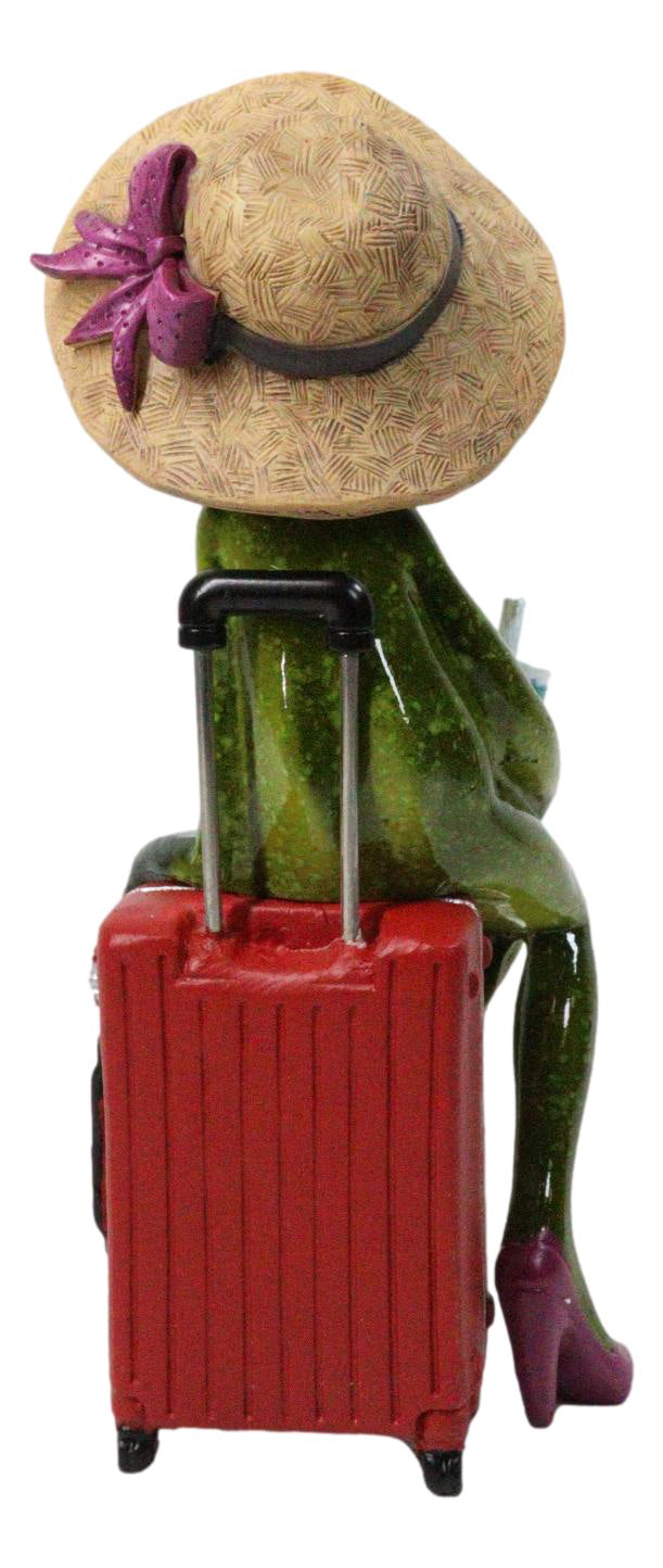Ebros Frog Lady on Suitcase Beach Hat Red Stilettos Resin Figurine 7.75"