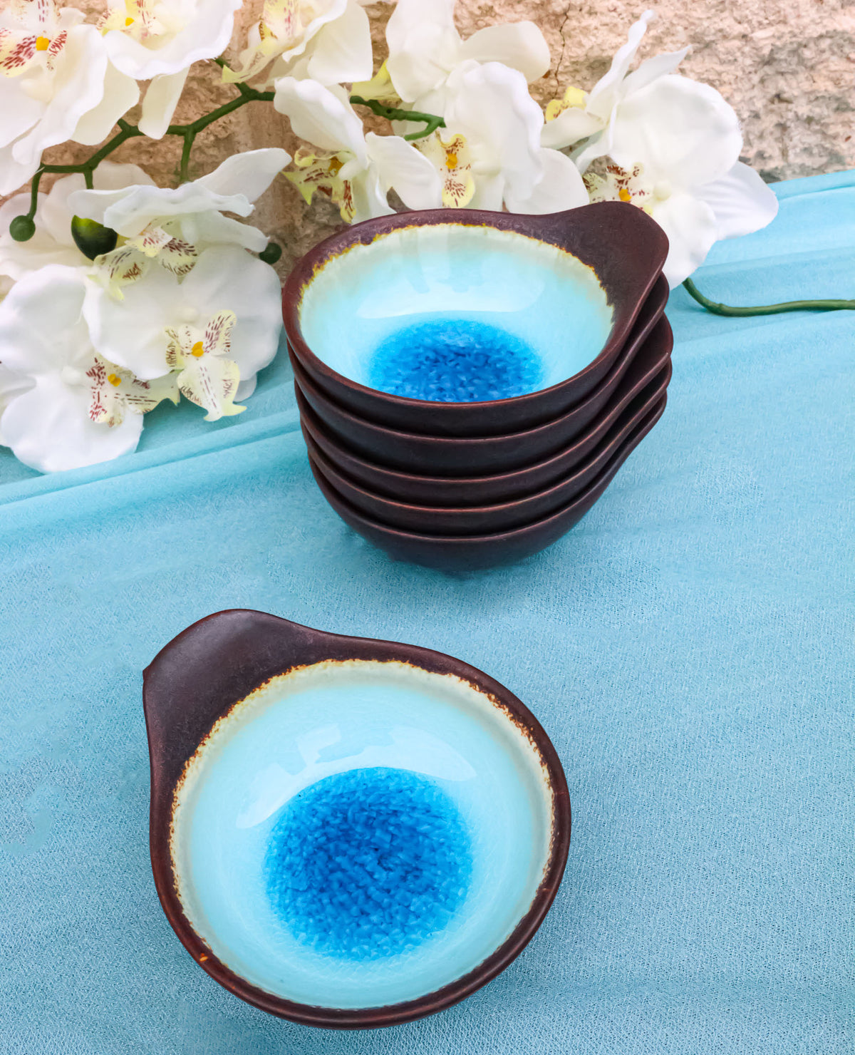 Pack Of 5 Blue Aozora Kannyu Small Ponzu Tonsui Miso Soup Bowls With Handle 5oz