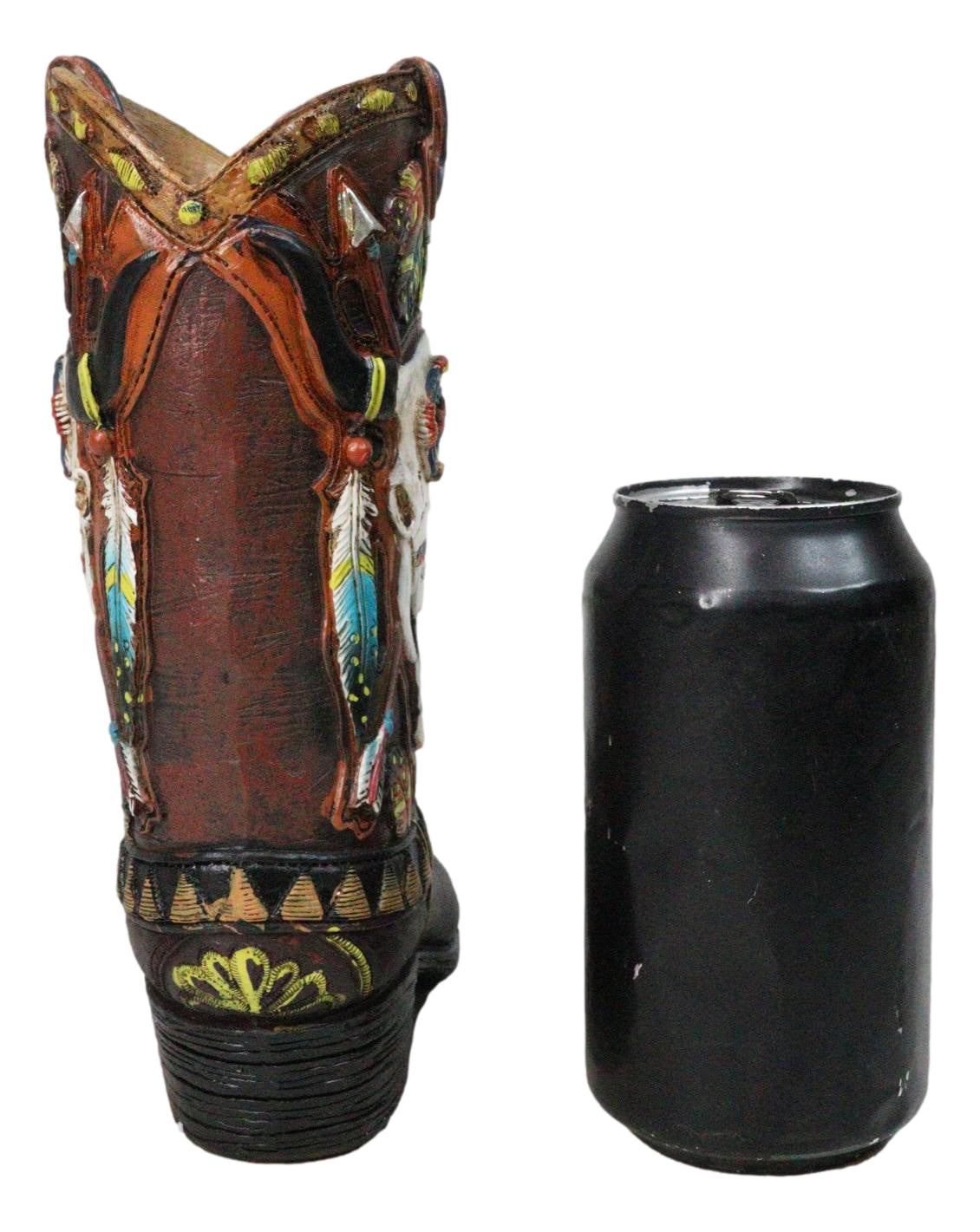 Southwest Turquoise Feathers Cow Skull Crossed Arrows Cowboy Boot Vase Holder
