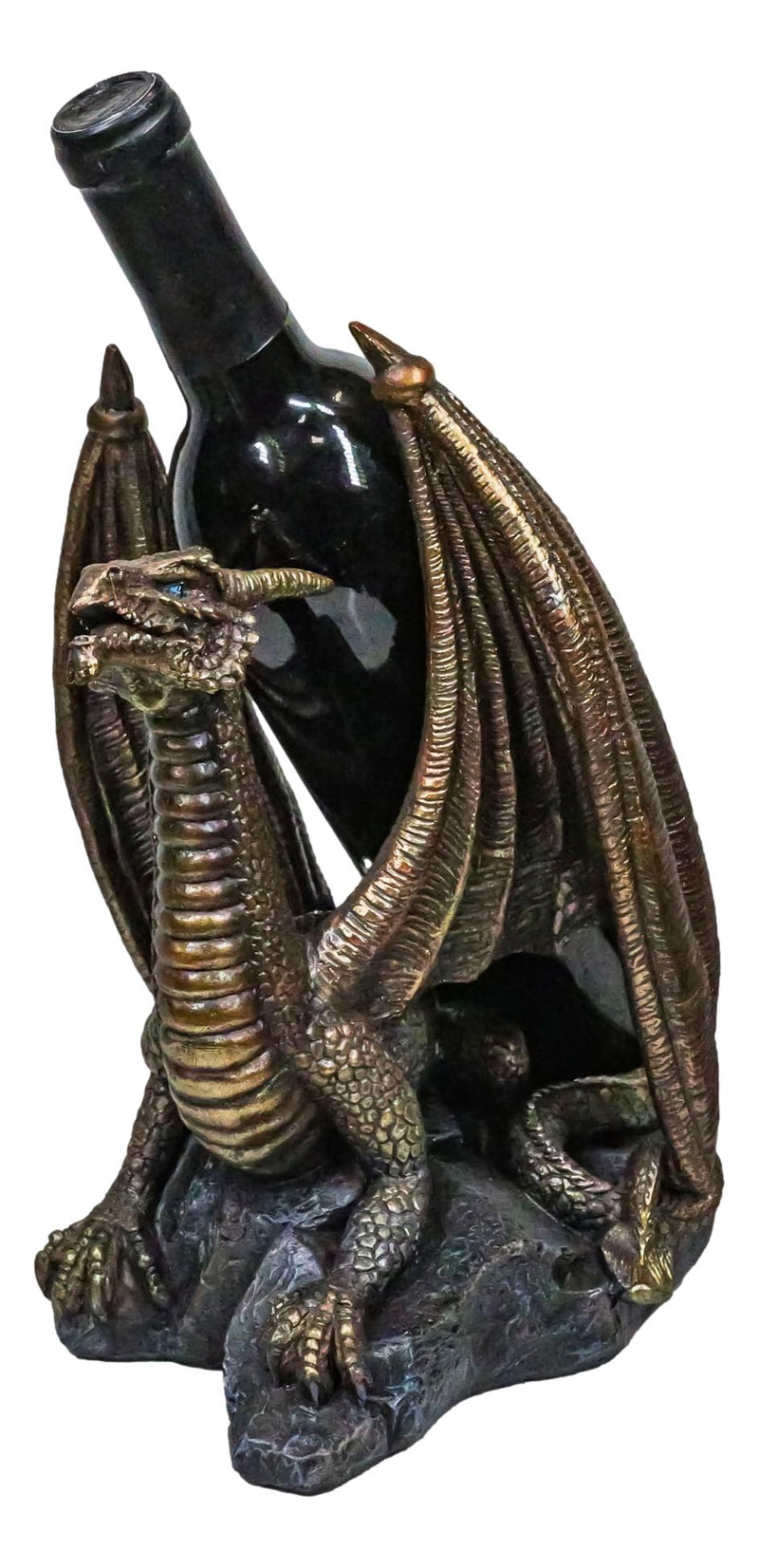 Faux Bronze Giant Serpent Dragon Standing On Volcanic Rock Wine Holder Sculpture