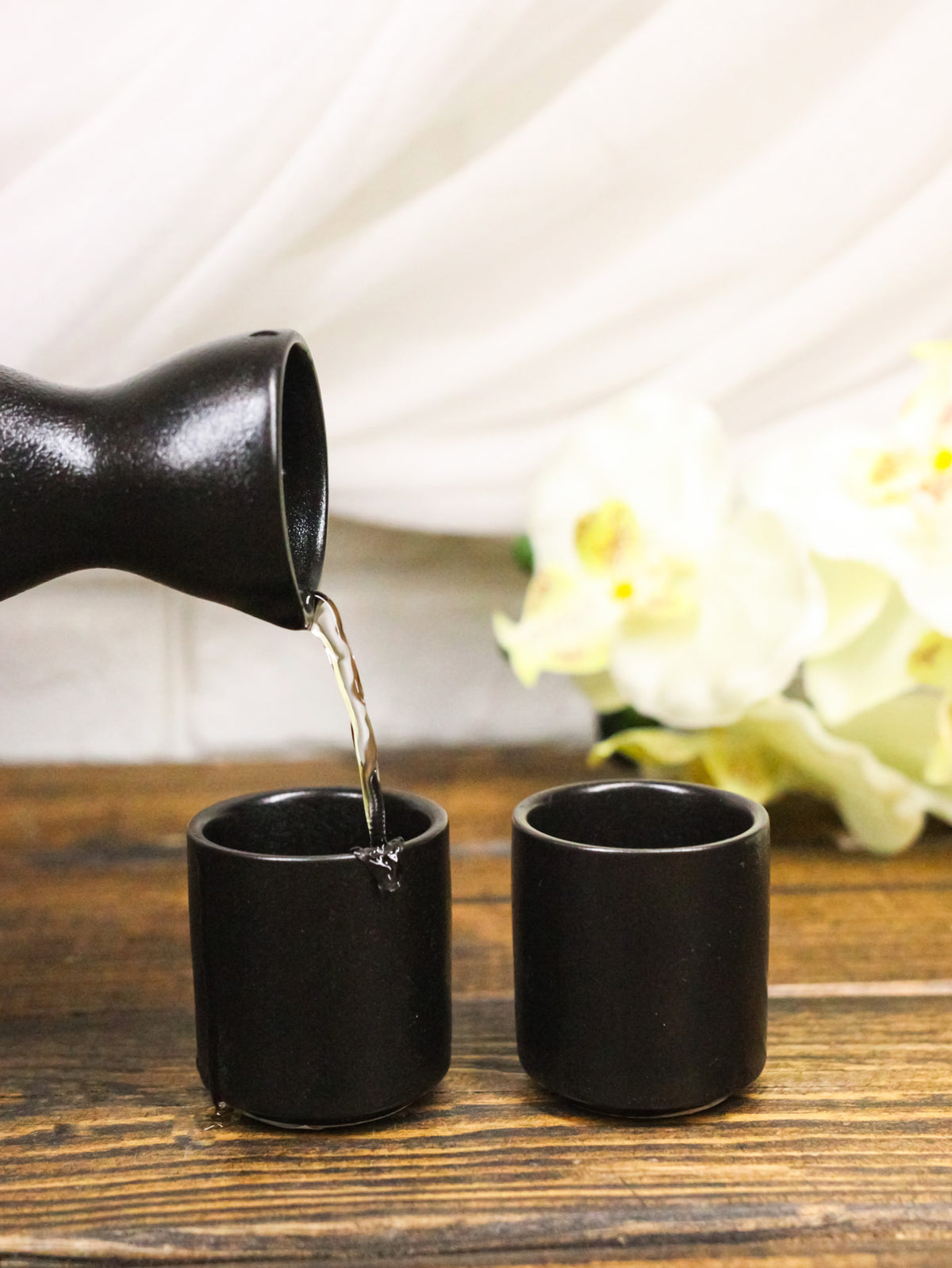 Minimalistic Black Kokuyo Porcelain Japanese Wine Sake Flask With 2 Cups Set