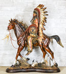 Large Indian Chief With Headdress Feathered Coup Staff Shield On Horse Statue