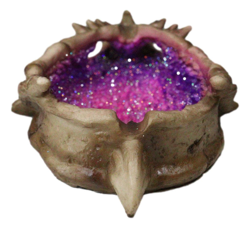 Skeletal Bone Dragon Skull With Purple Faux Quartz Crystals Geode Trinket Dish