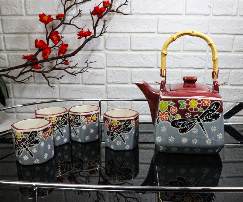 Maroon Grey Tombo Dragonfly With Flowers Hexagonal Teapot With 4 Tea Cups Set