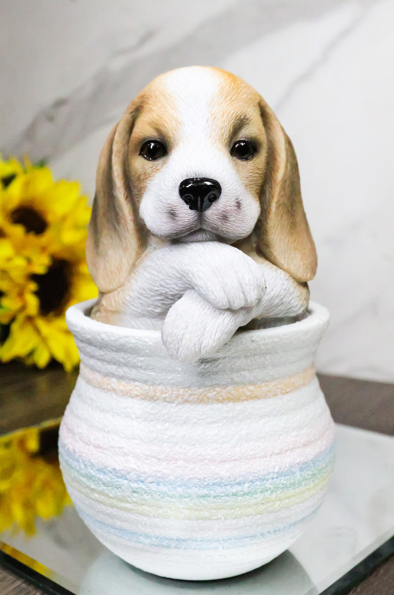 Realistic Tri Color Beagle Puppy Dog Figurine With Glass Eyes Pup In Pot