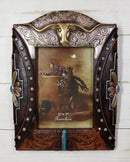 Western Longhorn Tooled Silver Concho Turquoise Gems Picture Photo Frame 5"X7"