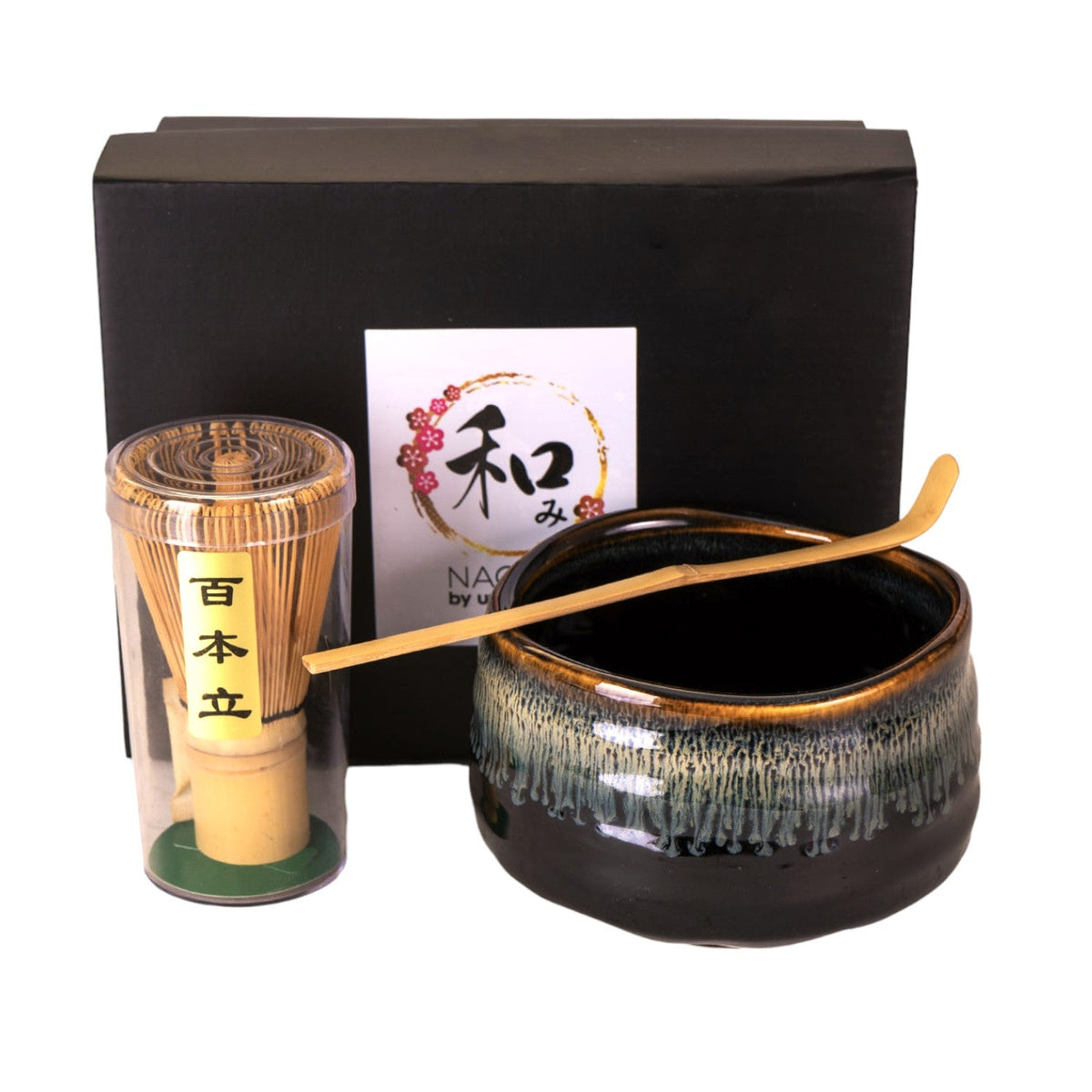 Black Brown Waterfall Ceramic Japanese Matcha Green Tea Bowl Whisk & Scoop Set