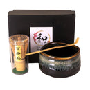 Black Brown Waterfall Ceramic Japanese Matcha Green Tea Bowl Whisk & Scoop Set