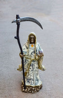 Santa Muerte With Scythe & Crystal Ball Holy Death Figurine In Dollar Money Robe