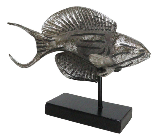 Nautical Marine Silver Tone Anthias Fish Sculpture With Museum Pole Stand Decor