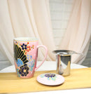 Japanese Fan Festival 15oz Porcelain Tea Mug With Lid & Stainless Steel Infuser