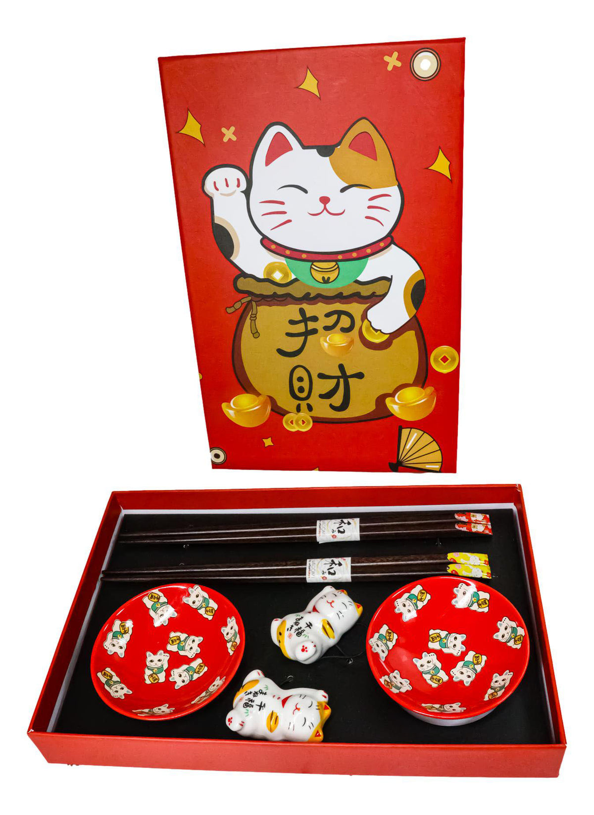 Maneki Neko Lucky Cats Red Sauce Dishes Chopsticks And Rests Sushi Set For 2