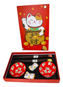 Maneki Neko Lucky Cats Red Sauce Dishes Chopsticks And Rests Sushi Set For 2