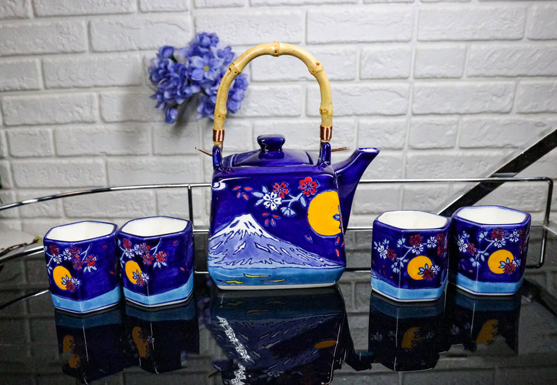 Blue Mount Fuji With Full Moon Ceramic Hexagonal Teapot With 4 Tea Cups Set