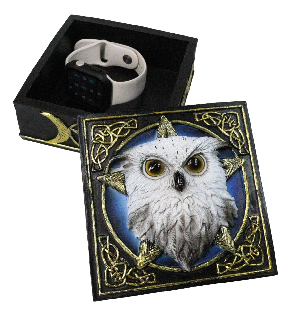 Snowy Owl Trinket Box, 5 x 5 Inch Decorative Keepsake Box with Celtic Knotwork