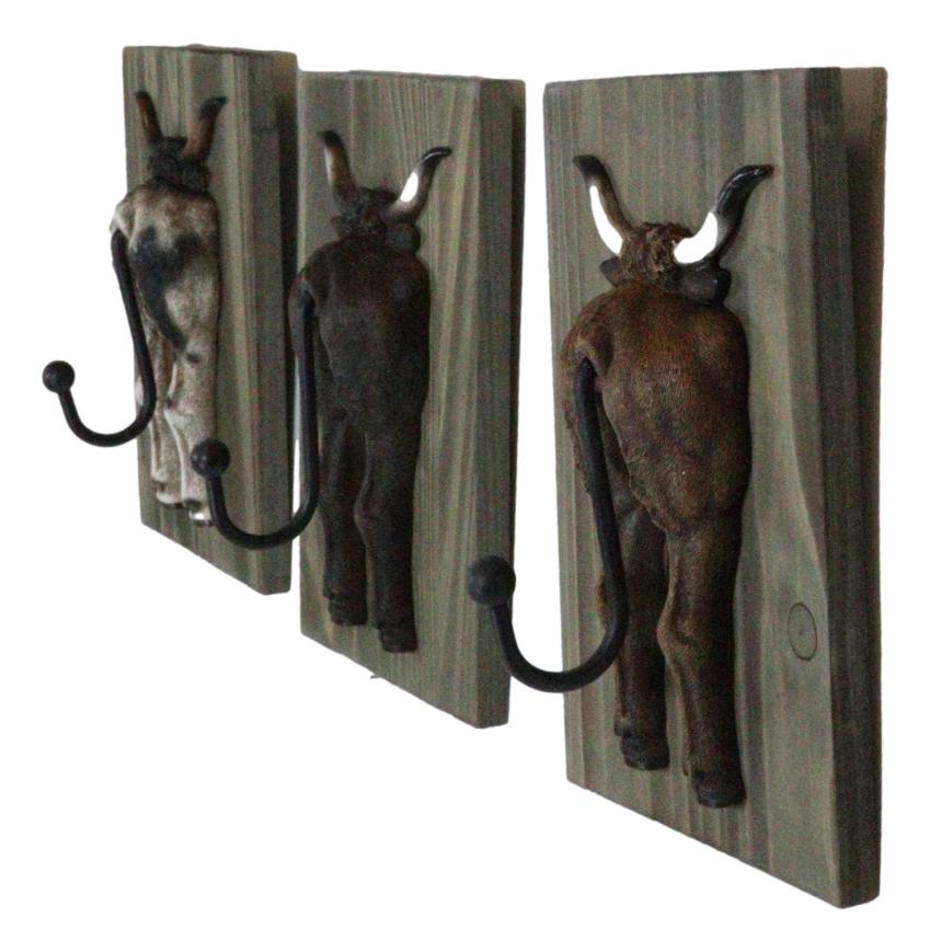 Set of 3 Rustic Western Steer Bulls Hind Butt Coat Wall Hooks With Wooden Plaque