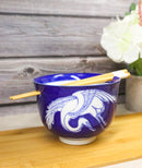 Blue And White Japanese Crane Ramen Donburi Soup Rice Bowl With Chopsticks Set