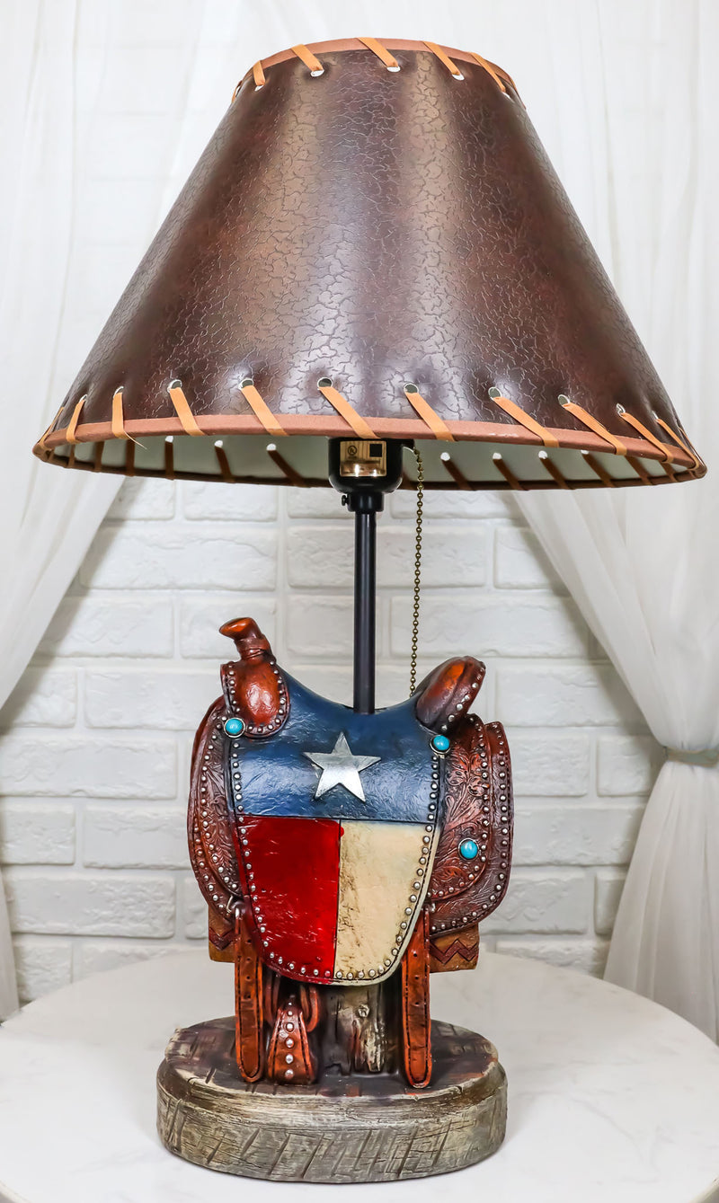 Western Cowboy Faux Tooled Leather Texas State Flag Horse Saddle Table Lamp