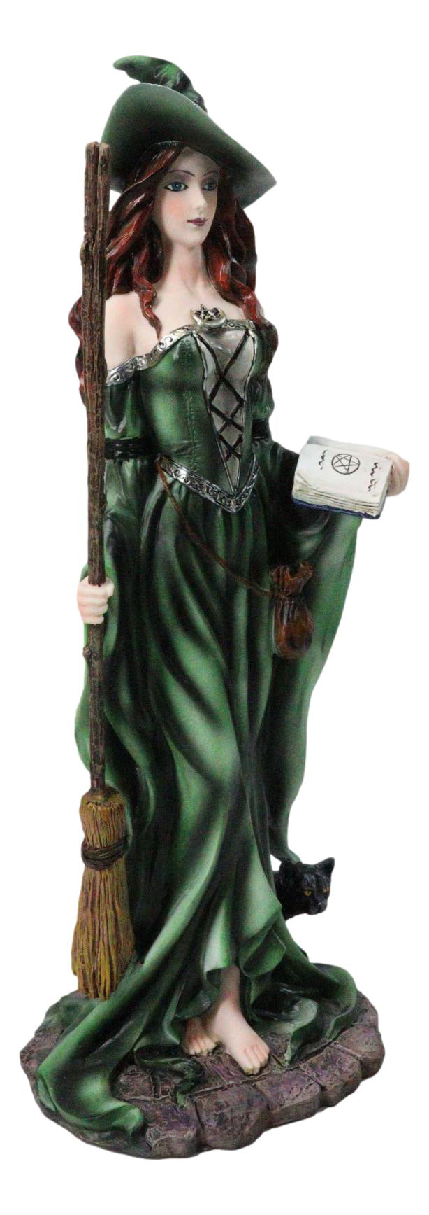 Wicca Magic Green Witch Figurine with Broomstick, Spell Book & Black Cat, 10"H