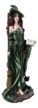 Wicca Magic Green Witch Figurine with Broomstick, Spell Book & Black Cat, 10"H