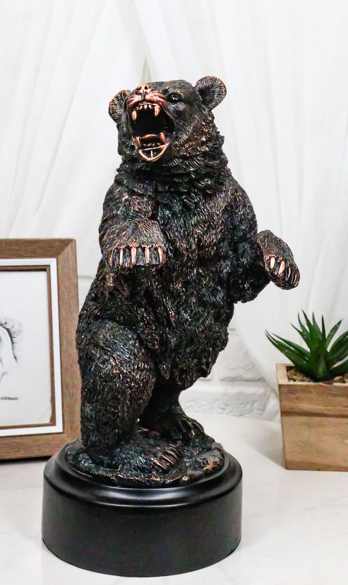 Western Black Bear On Rear Legs Roaring Bronze Electroplated Resin Decor Statue