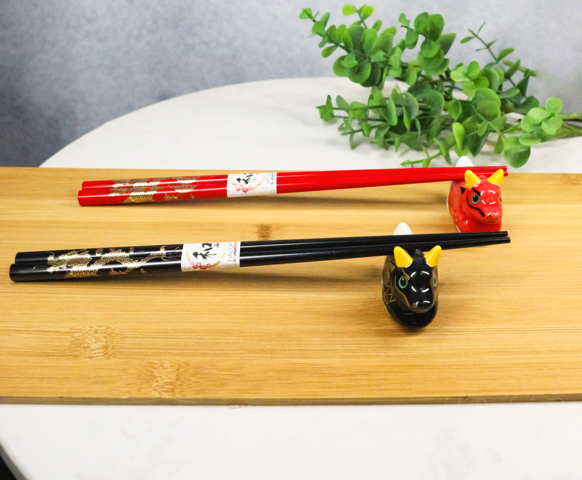 Red And Black Oriental Ryu Dragons Set of 2 Chopsticks And Ceramic Rests Set
