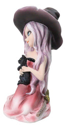 Gothic Beautiful Witch In Pink Dress And Magical Hat Holding Black Cat Figurine