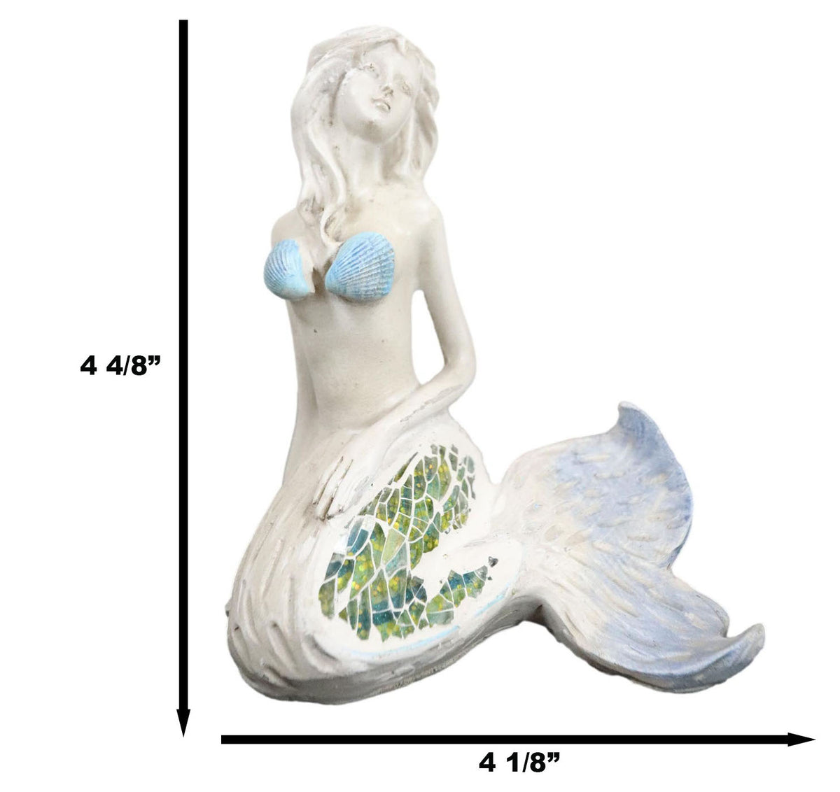 Sitting Baby Blue Mermaid Statue Decor with Mosaic Crushed Glass Tail 4.75"H