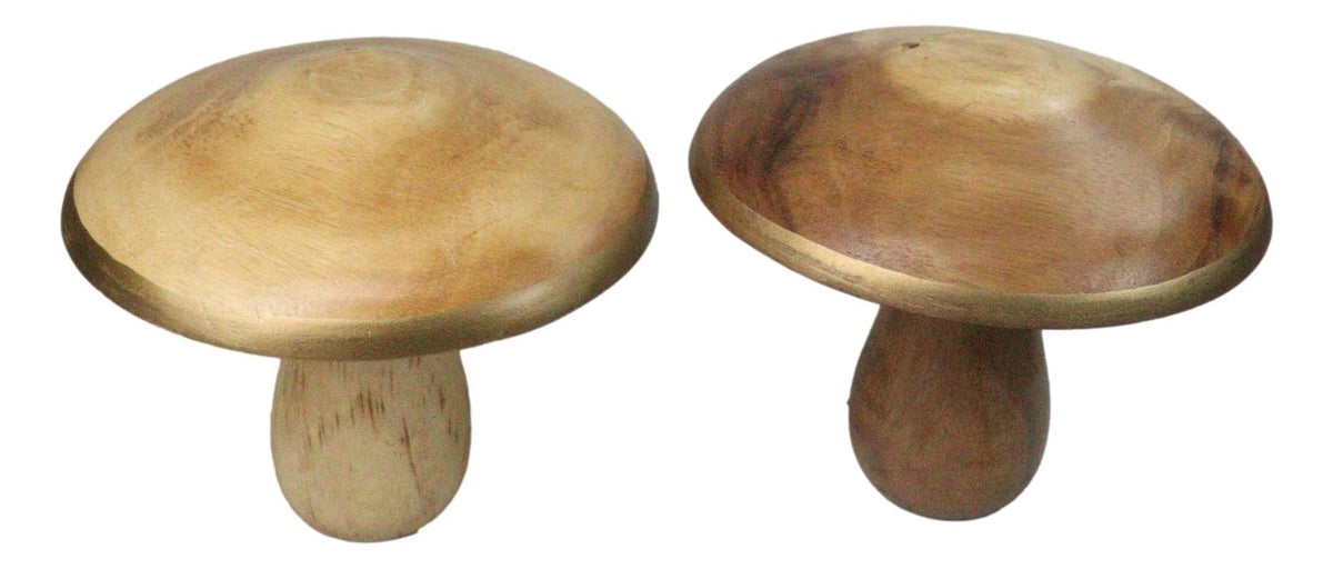 Pack Of 2 Rustic Handcrafted Hardwood Acacia Mushrooms With Golden Edge Decors