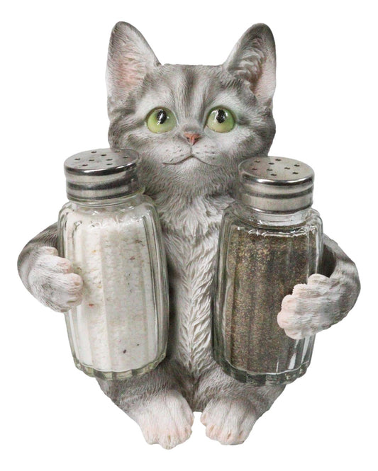 Gray Tabby Cat Salt and Pepper Glass Shakers Holder Set Cute Kitten Figurine