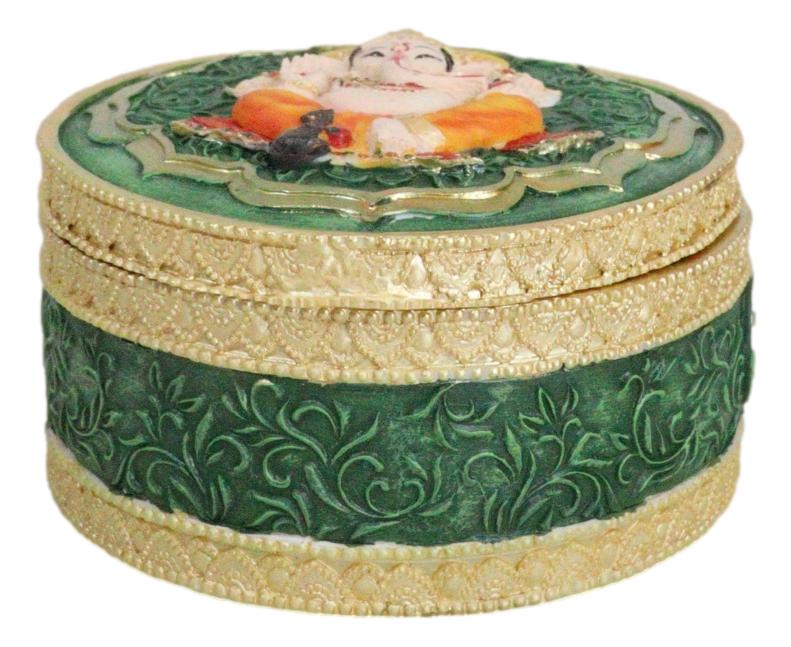 Ganapati Lord Ganesha Mandala Flower And Ohm Sign Decorative Round Trinket Box - Ebros Gift