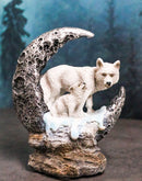 Winter Snow White Wolf With Pup Cub By Snowy Crater Crescent Moon Figurine