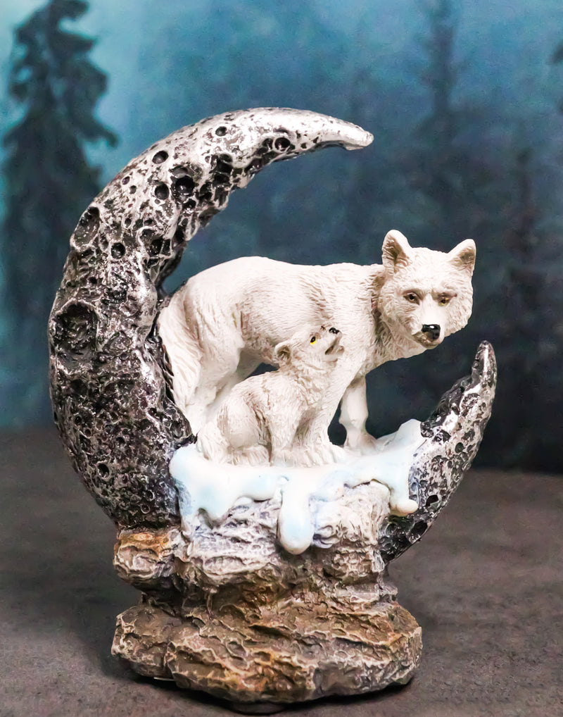 Winter Snow White Wolf With Pup Cub By Snowy Crater Crescent Moon Figurine