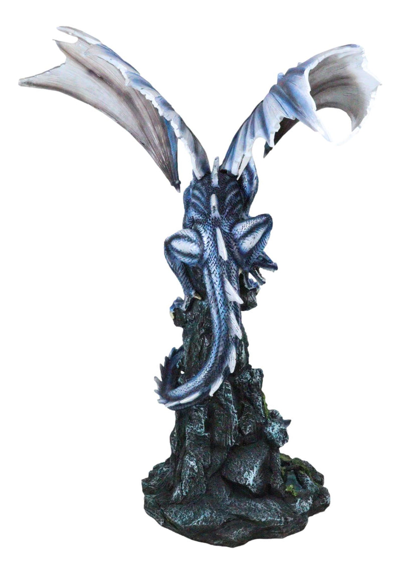 Large Blue Zirconia Rogue Storm Dragon Hovering Over Cliff Rock Waterfall Statue