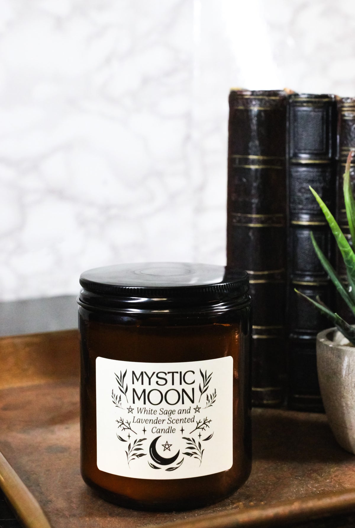 Ebros Mystic Moon White Sage & Lavender Scented Amber Glass Jar Candle