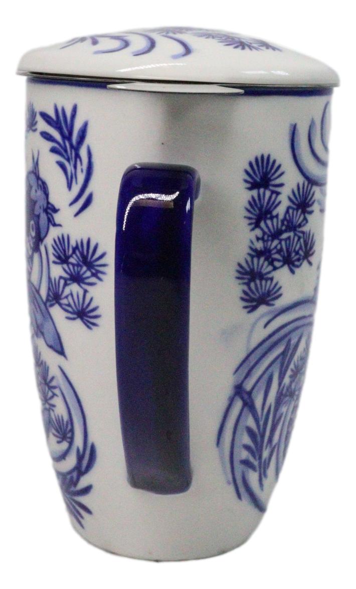 Blue Koi Fish In Water 15oz Porcelain Tea Mug With Lid Stainless Steel Infuser