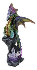 Iridescent Green Purple Dragon Perching On Cliff Rock with Crystals Figurine