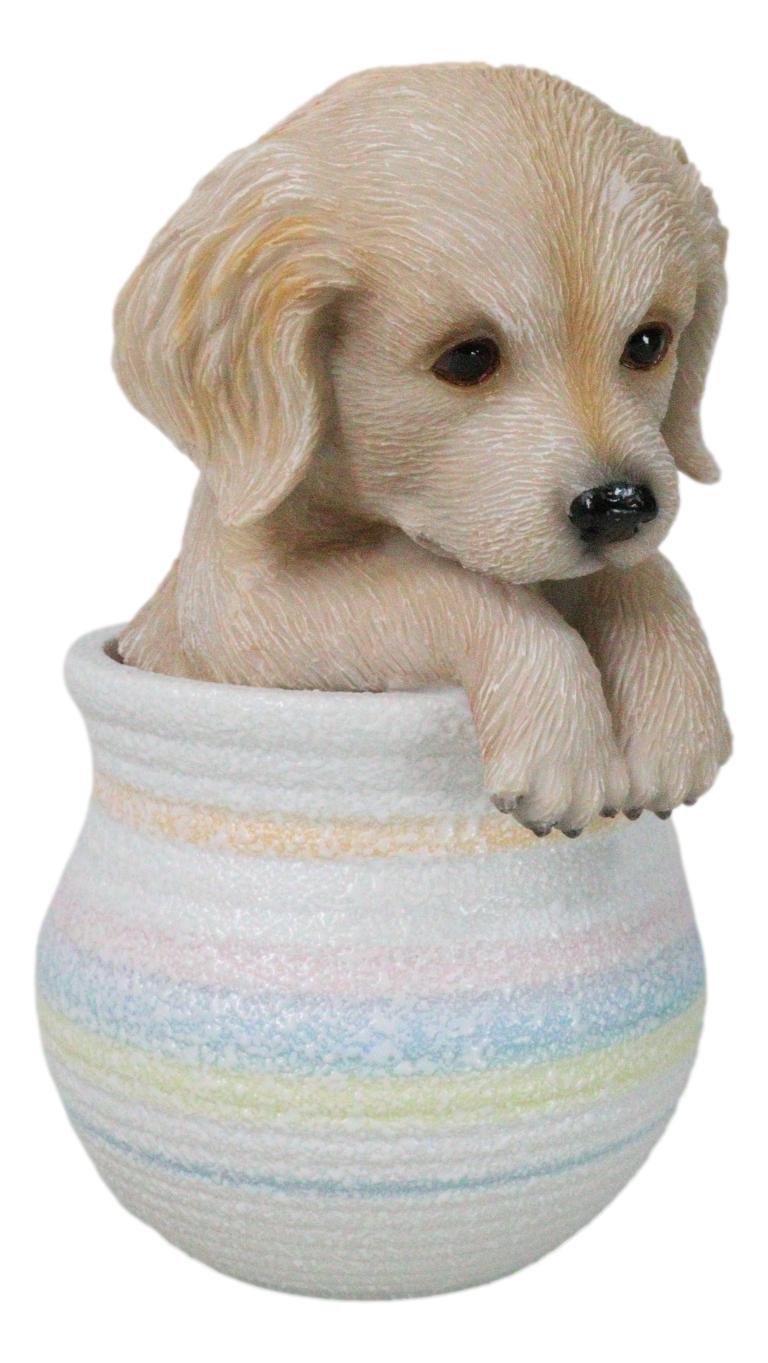 Realistic Golden Retriever Puppy Dog Figurine With Glass Eyes Pup In Pot