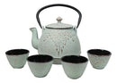 Mint Green Leaves Floral Motif Tetsubin 27oz Cast Iron Tea Pot With 4 Cups Set