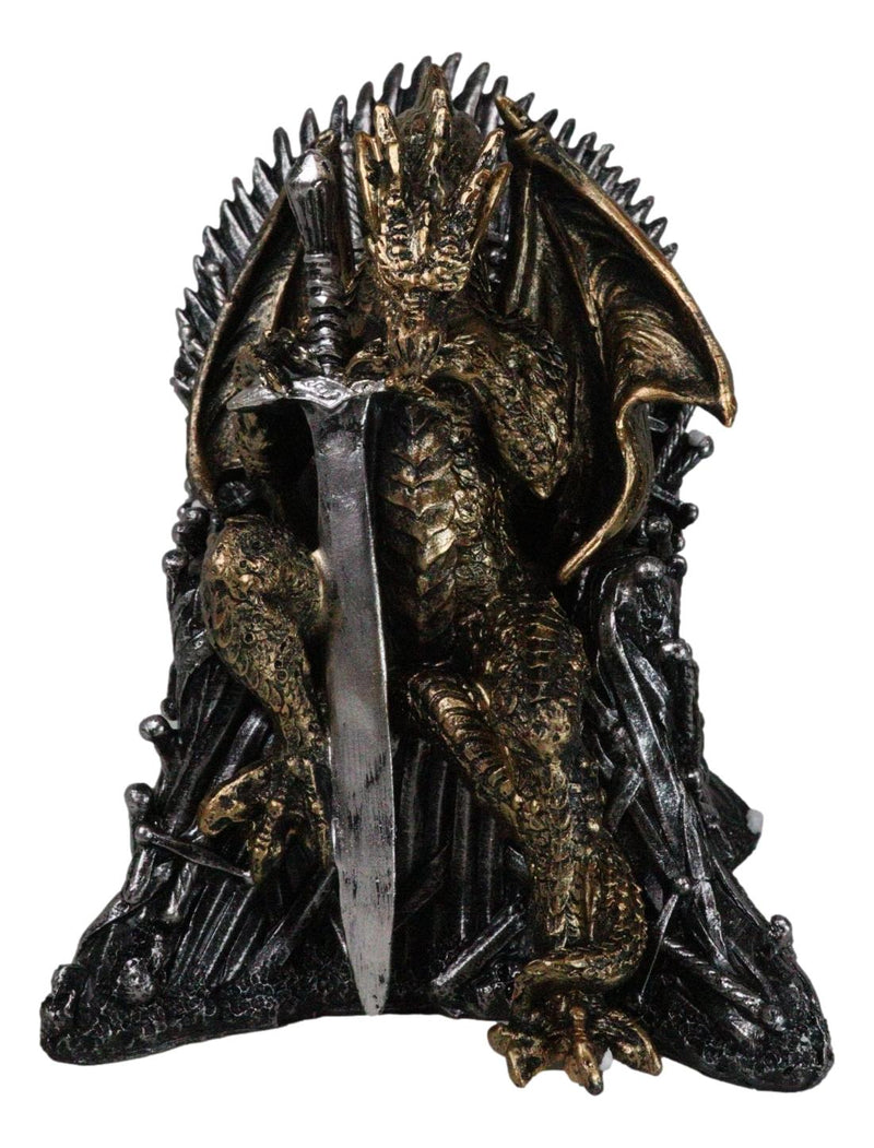 Bronzite Dragon Sitting On Iron Throne Of Swords With Valyrian Blade Figurine