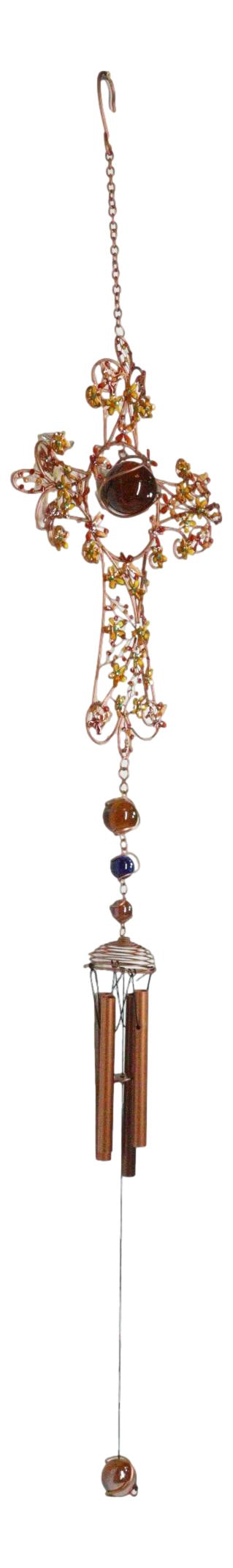 Autumn Floral Gemstones Fleur De Lis Christian Cross Art Glass Metal Wind Chime