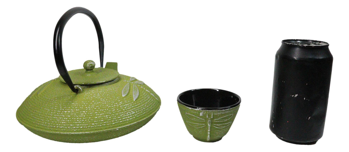 Green Dragonfly Traditional Tetsubin Cast Iron Tea Pot With 4 Cups Set 37oz